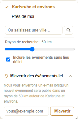 Location dropdown with area, search radius, and notify options